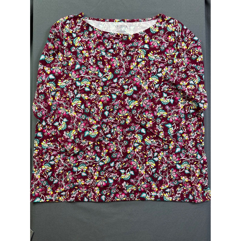 Talbots Woman 2X Burgundy Floral Paisley Boat Neck Long Sleeve Cotton Blend Top
